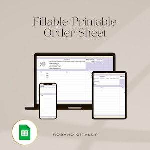 May include: A digital order sheet template for Etsy sellers. The template is displayed on a laptop, tablet, and phone screen. The template includes fields for item name, quantity, price, and sales tax. The template is designed to be fillable and printable.