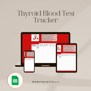 以下が含まれることがあります： 甲状腺の血液検査結果を記録するためのデジタル印刷可能なトラッカー。トラッカーは、ラップトップ、タブレット、携帯電話の画面に表示されます。トラッカーは、試験管のアイコンと「Thyroid Blood Test Tracker」というテキストが書かれた赤い背景を持っています。