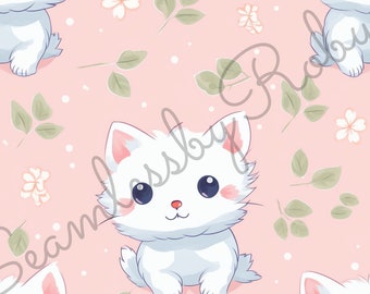 Adorable White Kitten on Pink Background Flowers Sublimation Seamless Pattern