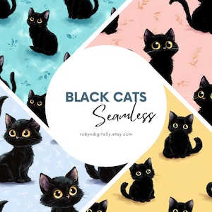 Paquete sin costuras de gato negro: adorables patrones de gatos negros para scrapbooking, telas y diseño digital