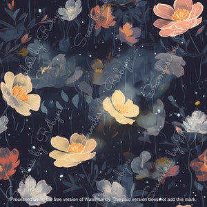 May include: A seamless pattern featuring a dark blue background with a variety of flowers in shades of white, yellow, orange, and pink. The flowers are painted in a watercolor style and have a soft, dreamy look.