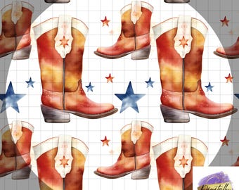 Könnte beinhalten: Ein nahtloses Muster mit Aquarell-Illustrationen von Cowboystiefeln und Sternen. Die Stiefel sind rot, orange und gelb mit weißen Akzenten. Die Sterne sind blau und rot.