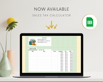 May include: A screenshot of a Google Sheet spreadsheet template for calculating sales tax. The spreadsheet has a green background and includes columns for quantity, item, price, subtotal, tax, and total. The spreadsheet also includes instructions for entering the tax rate, adding quantity, and adding price.