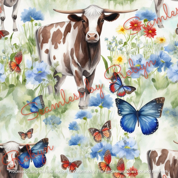 Digitales Aquarell Texas Cattle & Schmetterlinge Nahtloses Muster - Sofortiger Download JPEG 2048x2048 Sublimation