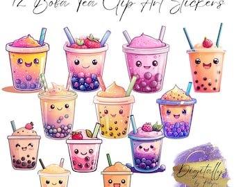May include: A set of 12 colourful boba tea clip art stickers. Each cup has a unique flavour and design, with smiling faces, straws, and toppings such as strawberries. The text "12 Boba Tea Clip Art Stickers" is at the top.