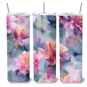 Watercolor Water Lilies 20 oz Seamless Tumbler Wrap Digital PNG | Floral Drinkware Design & DIY Sublimation Template