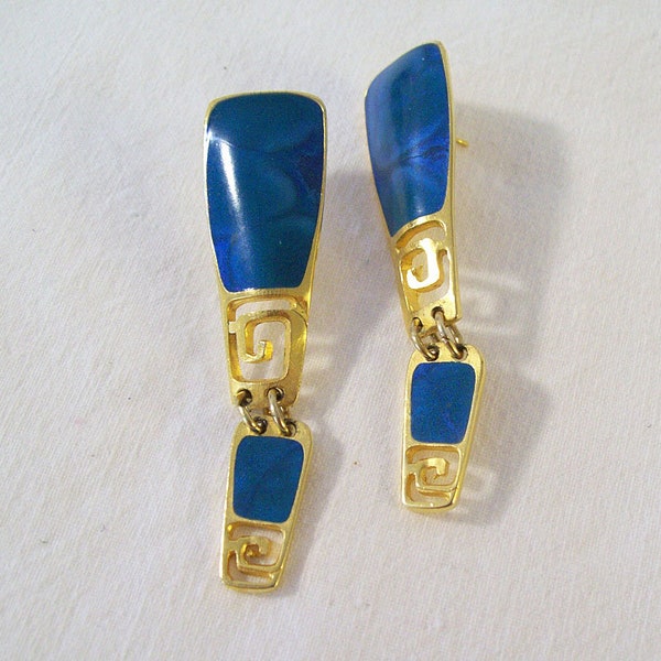 BEREBI Long Dangling Pierced Earrings – Marbleized Blue/Green Enamel on Gold Tone Metal – Modernist Design – Edgar Berebi – Marked -