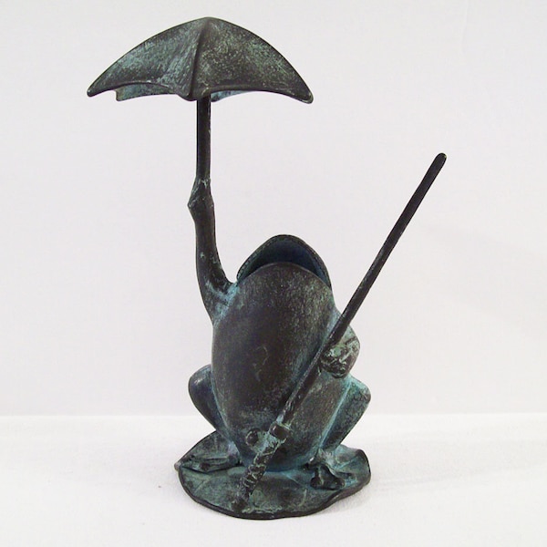 BRASS FROG with Umbrella and Fishing Pole – Verdigris on Brass – SPI San Pacific Int’l – Made in Korea –Vintage- Tag - Decorator Item - Gift