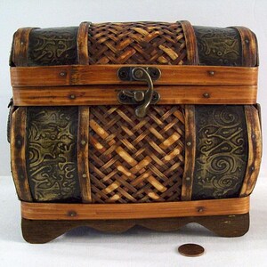 Treasure Chest JEWELRY BOX – Tin, Wicker and Wood – Side Handles - Vintage 1980’s – Sewing Box – Cache Box -