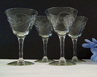 Scroll and Dot COCKTAIL GLASSES – Set of Four – 4 1/2" – Cut Design – Vintage 1950’s-1960’s – Replacements -