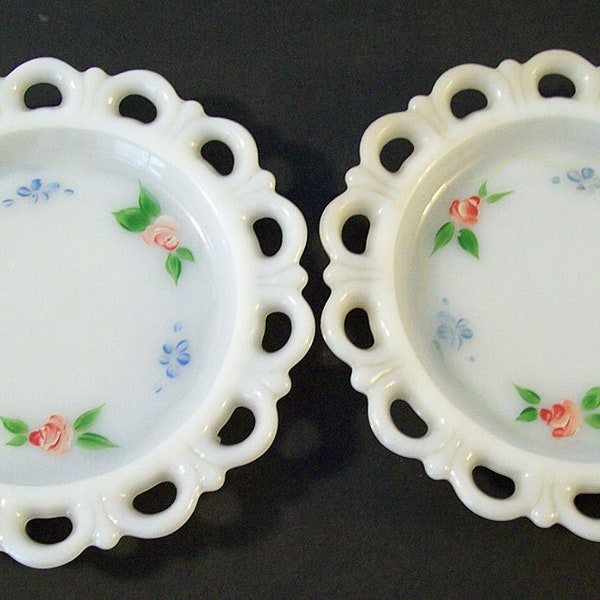 MILK GLASS PLATES – A Pair – Handpainted Flowers – Reticulated Rim – Vintage 1950’s – Cottage Chic – Farmhouse – Wedding - Shower Gift -