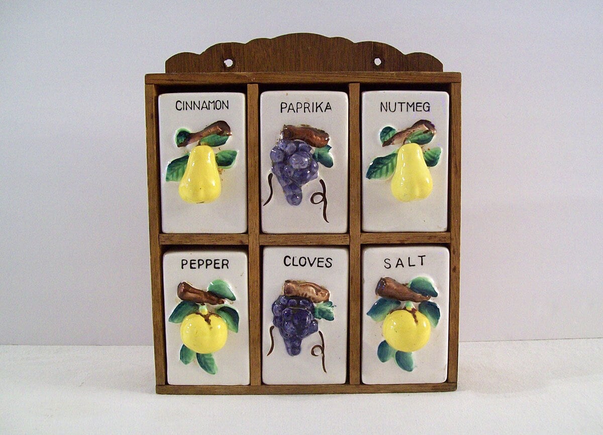 Vintage 1950's SPICE RACK With Ceramic Containers – Raised Fruit