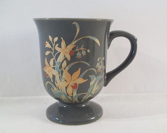 GRAY PEDESTAL MUGS - Set of 4 – Gold, Rust, Teal Floral – Made in Japan - Vintage 1980’s-1990’s – Tags – Gift Idea - Holiday Entertaining -