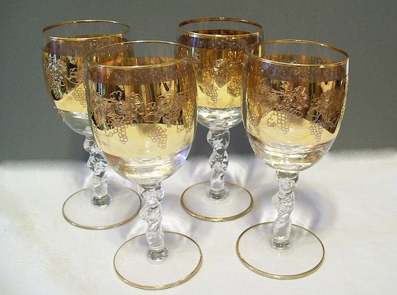 10 Vintage Small Wine Glasses Four Gold Bands Stemmed Stemware