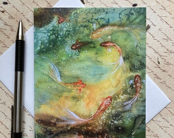 Goldfish Pond Notecards, Watercolor Koi Pond Notecard