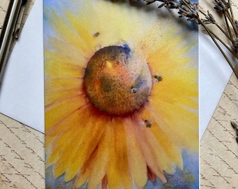 Sunflower with Bees Blank Notecards, Watercolor Print Cards