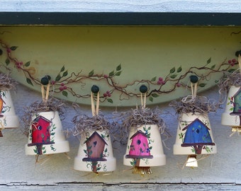 Birdhouse Bell Ornament / Hand Painted Clay Pot / Painted Birdhouse Accent