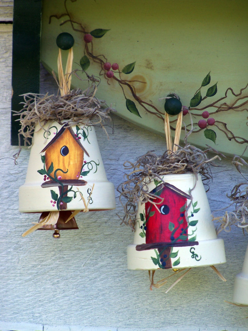 Birdhouse Bell Ornament / Hand Painted Clay Pot / Painted Etsy