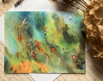 Goldfish Pond Notecards, Watercolor Koi Pond Notecard