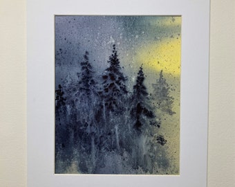 Atmospheric Watercolor Painting of Pine Trees in Deep Blue and Yellow, One-of-a-Kind Original Painting, 8" x 10"