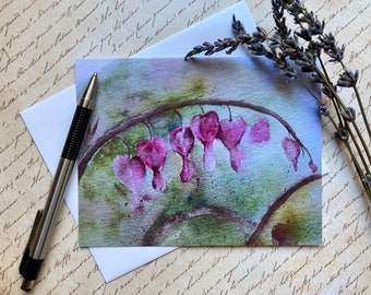 Bleeding Hearts Note Card, Floral Watercolor Notecard, Blank Folded Notecard plus Envelope