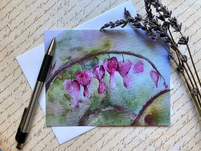 Bleeding Hearts Note Card, Floral Watercolor Notecard, Blank Folded Notecard plus Envelope image 1