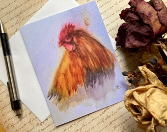 Red Hen Note Cards, Watercolor Print Barnyard Animal Cards with Envelopes