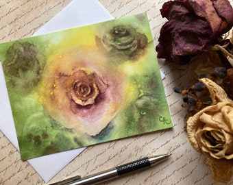 Rose Note Card, Floral Watercolor Notecard, Blank Folded Notecard plus Envelope