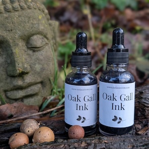 Könnte beinhalten: Zwei Glasflaschen mit Eichengallen-Tinte mit schwarzen Tropfern und weißen Etiketten, auf einer verwitterten Holzoberfläche. Die Etiketten tragen den Text "Oak Gall Ink" und einen Zweig mit Blättern. Mehrere kleine, runde, hellbraune Objekte sind ebenfalls vorhanden.