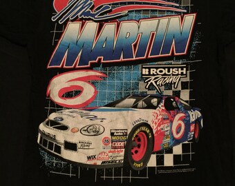 Vintage Mens Black Mark Martin Nascar Roush Valvoline Racing SS T-Shirt Size M