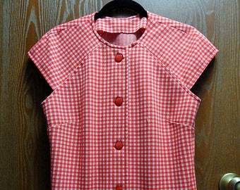 Red + White Gingham Womens L (40" Bust) Blouse/Shirt/Smock Retro 1950s