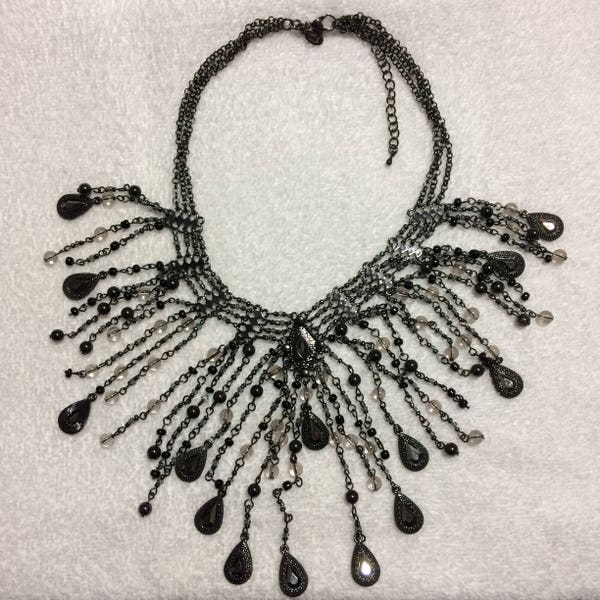 15" Cookie Lee Black Metal Choker Necklace Teardrop Pendants Goth Victorian Boho