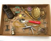 Lot of 24 Metal Items Buckles Cross Rosary Pocket Knife Pins Spoon Pen Thimble Snuffer Bell Ring