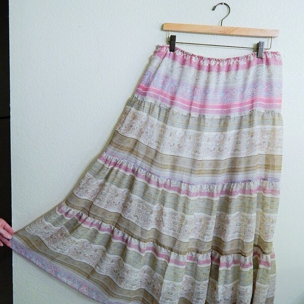 Christopher + Banks Womens Large Long Pink White Beige Blue Boho Peasant Skirt/Costume