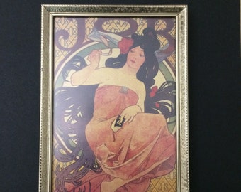 Alfons Mucha Job Cigarette Papers Picture of Painting in Goldtone Vintage Frame Art Nouveau