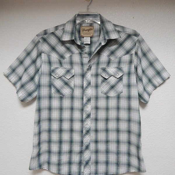 Wrangler Mens L Pearl Snap Western Short Sleeve Shirt Green Blue + Silver Thread