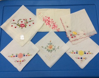 6 White Vintage Handkerchiefs New/Old Stock Embroidered Crochet Flowers Hearts Desco