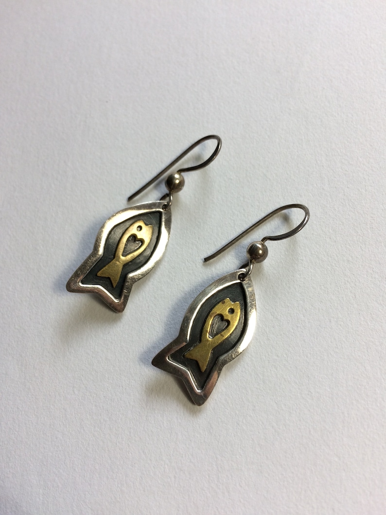 12 x 1 Far Fetched Sterling Silver Tarnished Brass Fish Shape Wire Pierced Earrings