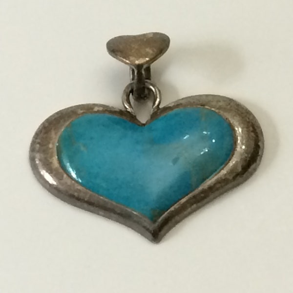1" x 1.5" Turquoise + Sterling Heart Pendant (No Chain) Signed SX 925 Thailand Tarnished
