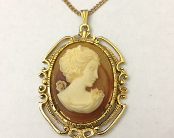 Cameo Necklace Faux Stone Goldtone 30" Chain