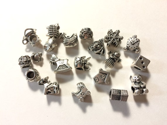 Set of 3 Silvertone Rainbow Navy Charm Beads