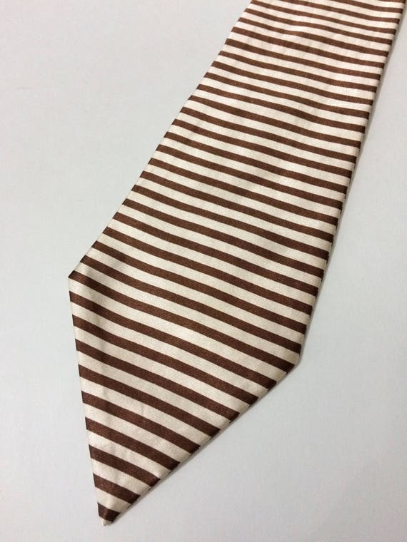 46" Brown Creme Stripe Silky Wide Short Necktie N… - image 2