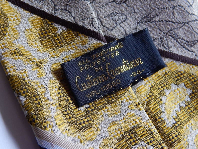 17 Custom Cravatieur Vintage Clip On Yellow Beige Brown Wide Tapestry Stripe Necktie