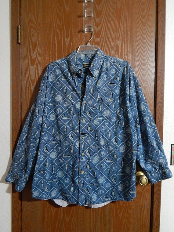 Field Stream 50 Chest Mens Large Long Sleeve Indigo Blue Trout/salmon Fishing  Shirt Father's Day Gift 