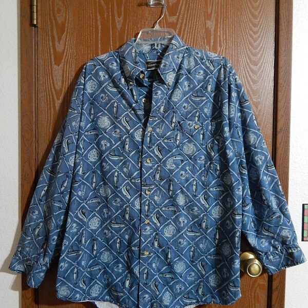 Field + Stream 50" Chest Mens Large Long Sleeve Indigo Blue Trout/Salmon Fishing Shirt Father's Day Gift