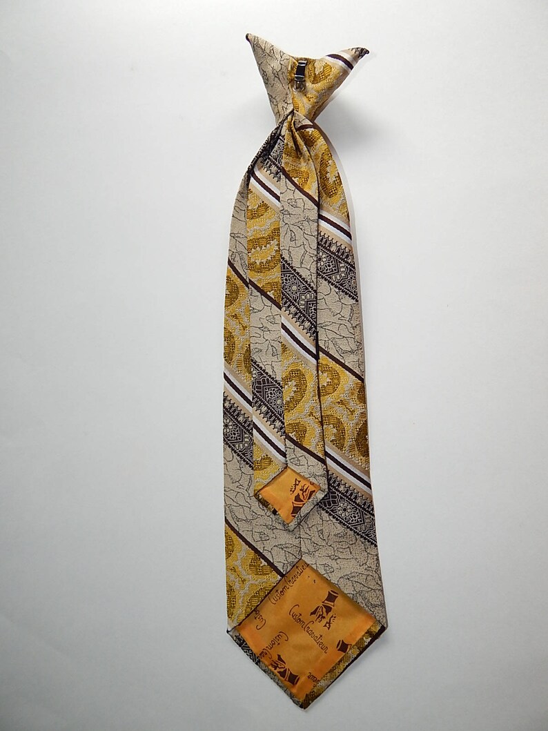 17 Custom Cravatieur Vintage Clip On Yellow Beige Brown Wide Tapestry Stripe Necktie