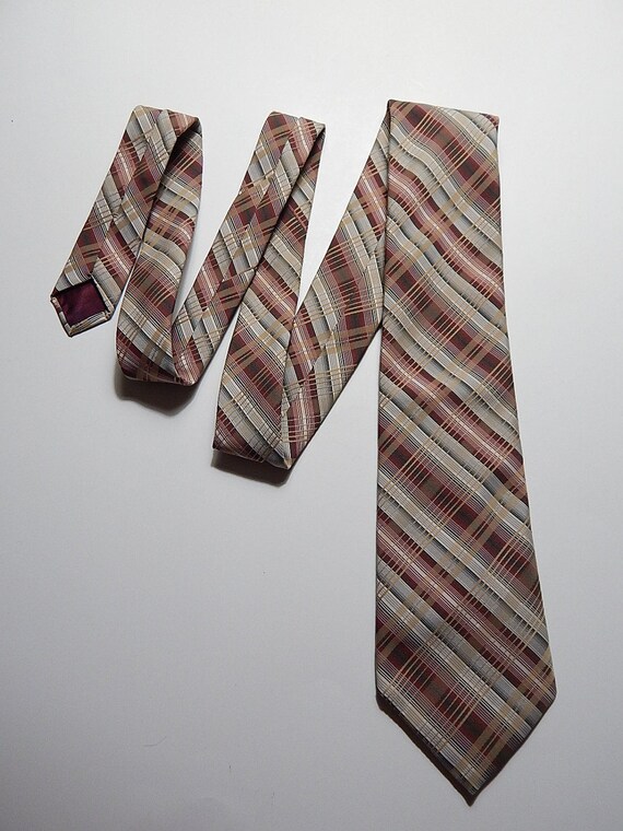 55" Sears Maroon Tan Gray Plaid Striped Necktie N… - image 1