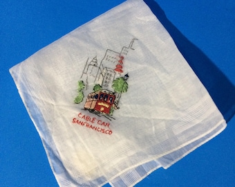11" x 11" Cable Car San Francisco Calif Sheer White Cotton Handkerchief Hankie Switzerland