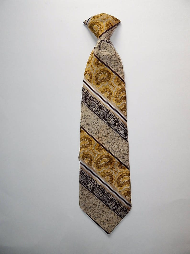 17 Custom Cravatieur Vintage Clip On Yellow Beige Brown Wide Tapestry Stripe Necktie