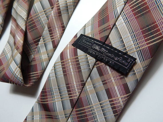 55" Sears Maroon Tan Gray Plaid Striped Necktie N… - image 2